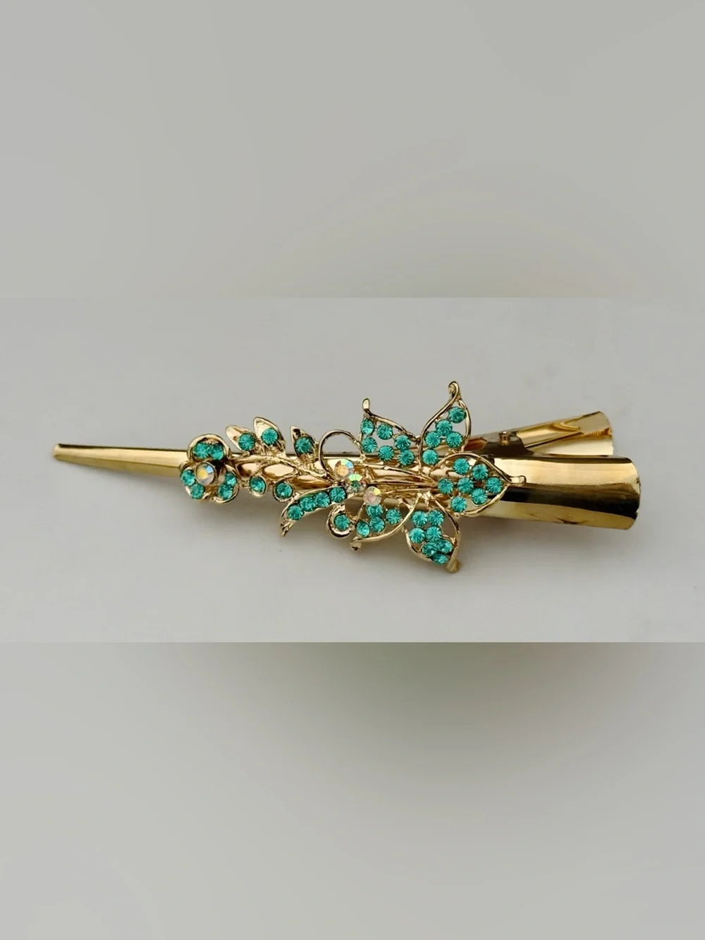 Gold-tone Floral Crystal Alligator Hair Clamp Set with Teal and Multicolor Gems